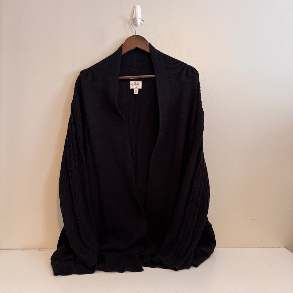 St Johns Bay Womens XXL Black Cotton Cable Knit Open Front Cardigan Fall Basics